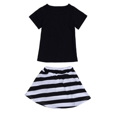 2015 Toddlers Kids Baby Girls Short Sleeve T  shirt Top Black White Stripe Skirt Dress