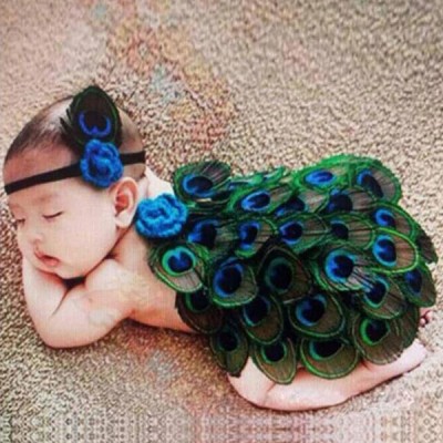 Newborn Baby Cute Girls Boys Peacock Feather Skirt   Lace Headband Crochet Photography Props Lace Costume